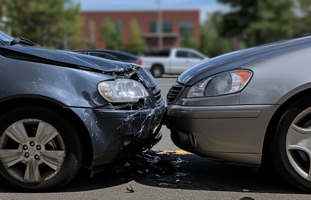 Two cars that have been in a head-on collision