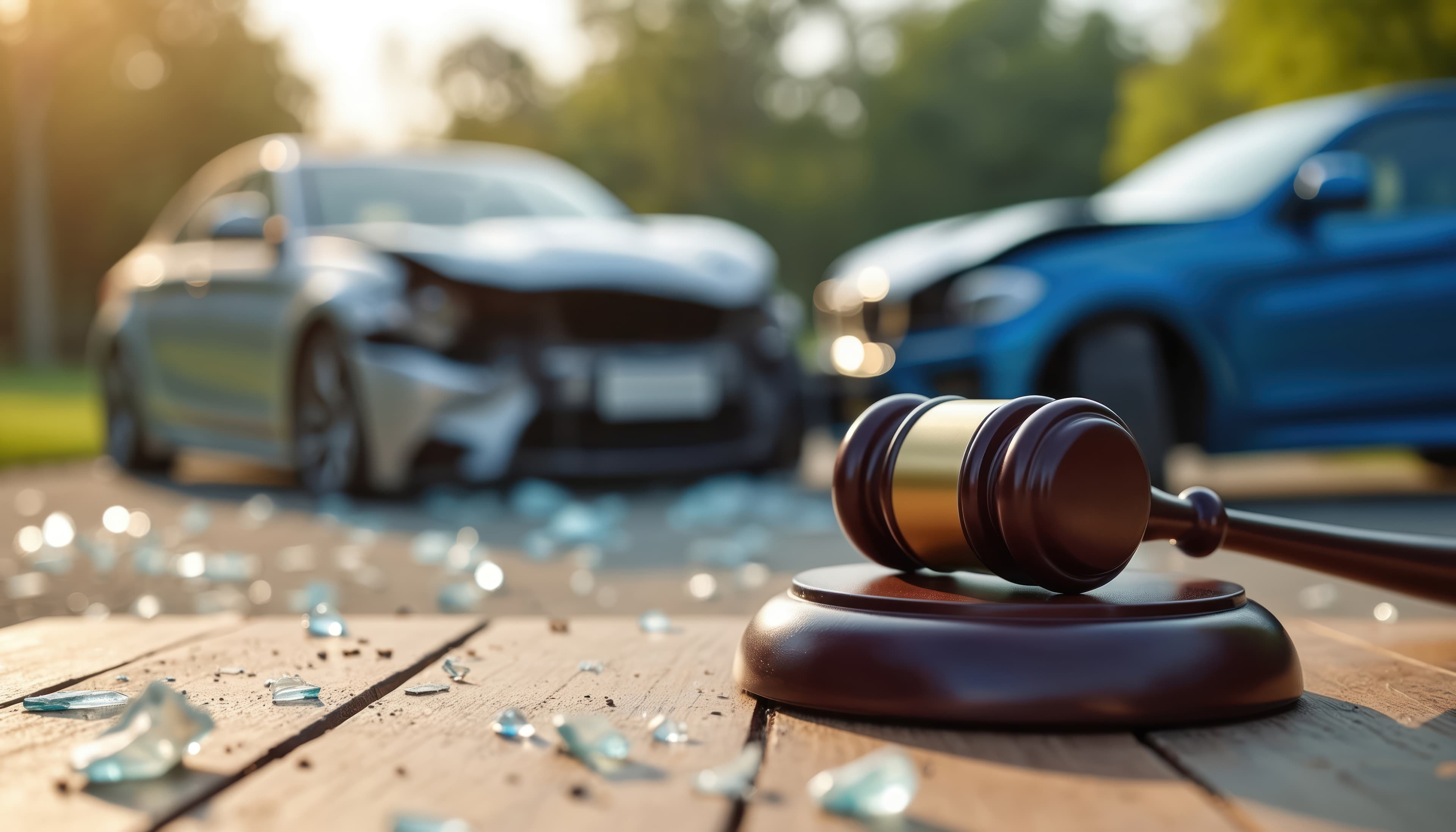 Judge’s gavel in foreground with two damaged cars after a collision, symbolizing car accident legal claims.