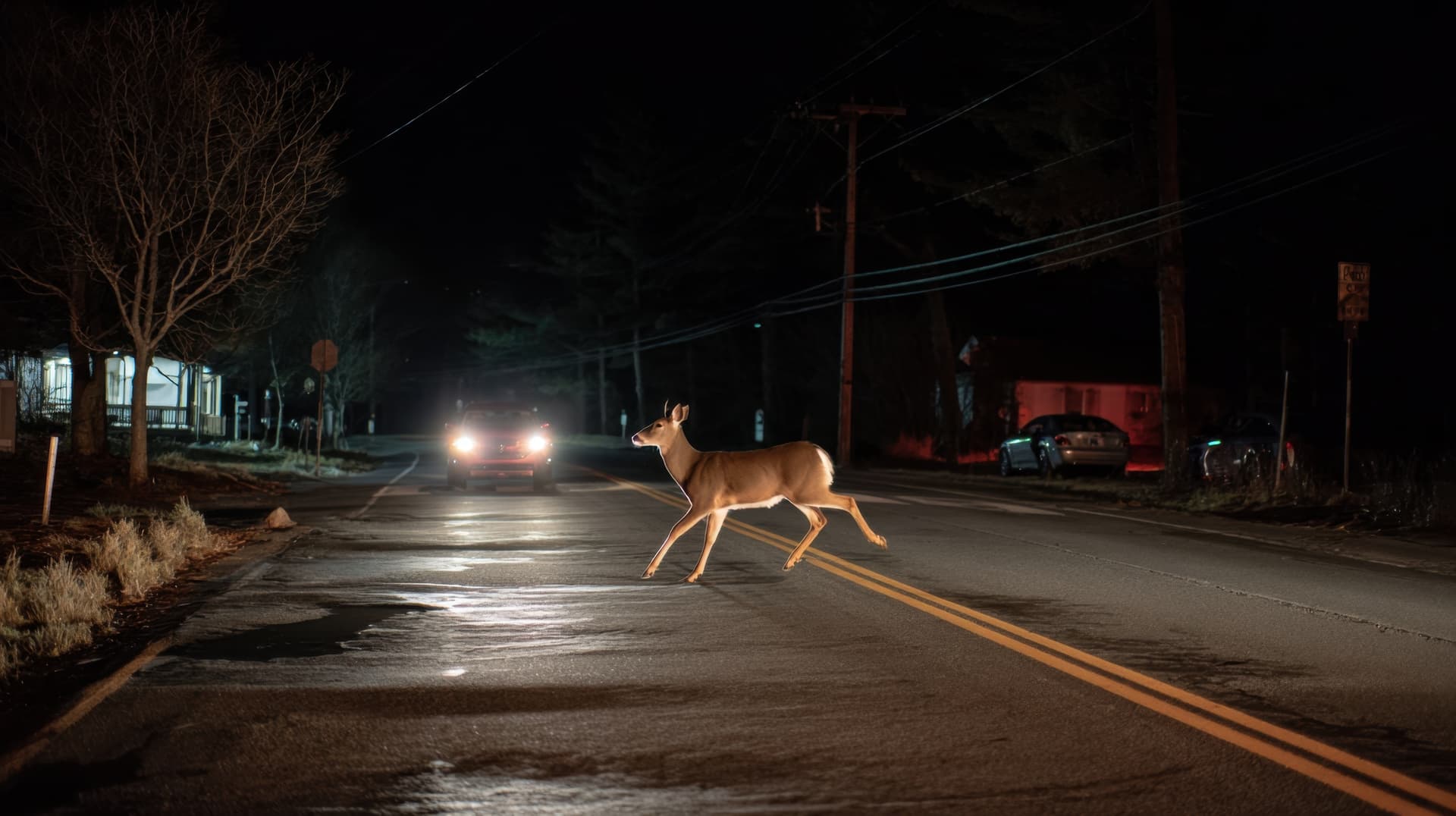 Deer crossing a two-lane road at night in front of an approaching car's headlights